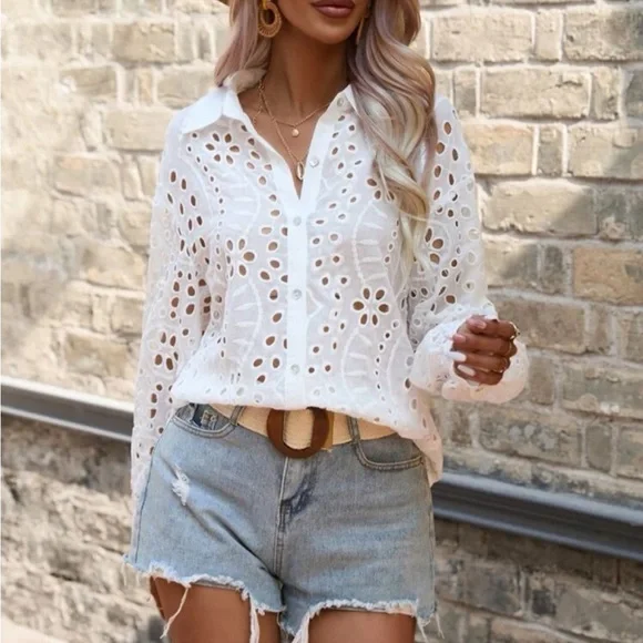 Boho Oversized Floral Sheer Eyelet Embroidered Lace Button Down Shirt Top Blouse - Picture 3 of 6